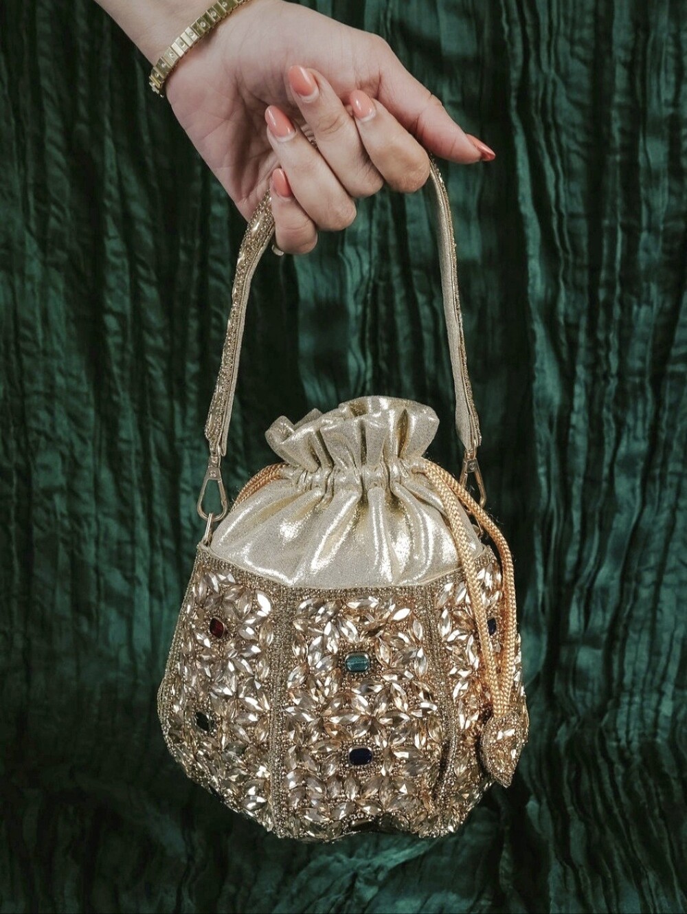 Gold Embellished Drawstring Evening Bag
